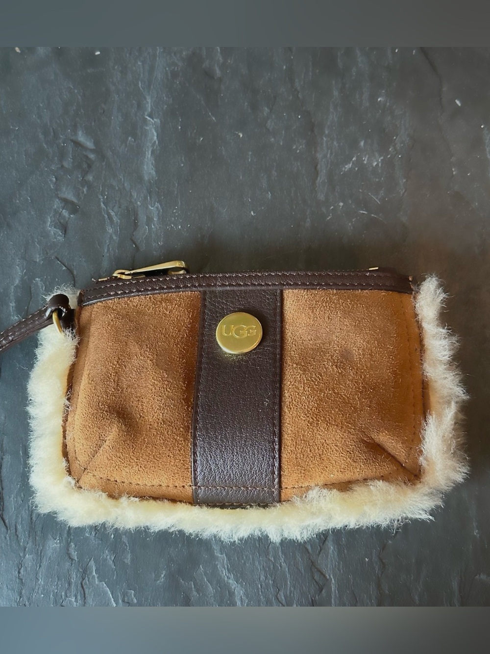 UGG // Chestnut Brown Suede & Dark Brown Leather Wristlet with Shearling Trim